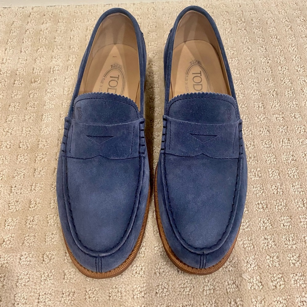 TOD’S Men’s Blue Loafers in Suede, Size 7.5, 8.5US